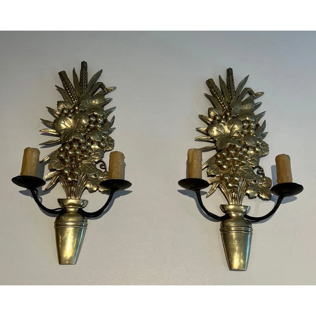 1970 Bronze and Wrought Iron Wall Lights Representing a Bowl of Fruit - A Pair For Sale - Image 12 of 12