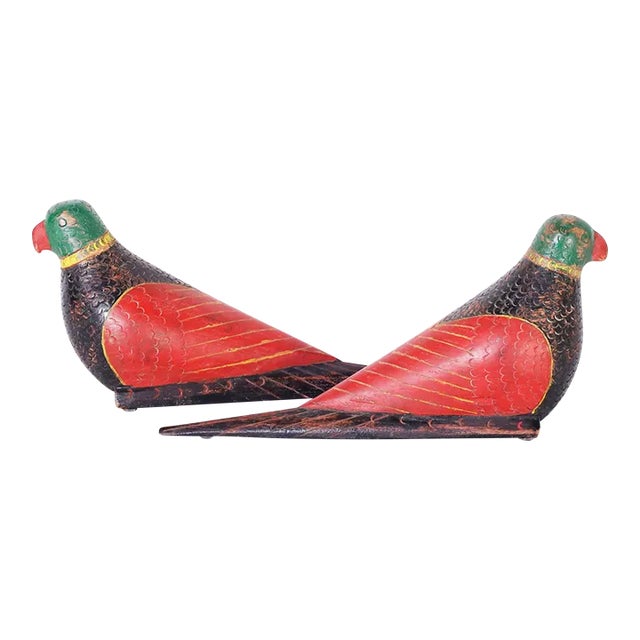 Pair of Anglo Indian Carved and Painted Wood Parrots For Sale