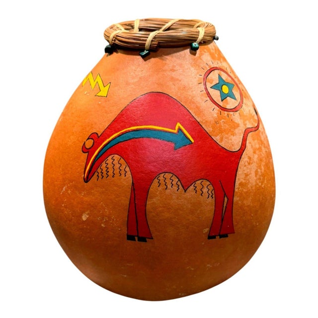 Janet Reed Koed Malachite Beads Buffalo Painted Gourd Ritual Baskets Sw Folk Art For Sale - Image 10 of 13
