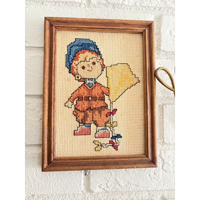 White Vintage Cottage Core Cross Stitch, Needlepoint, Embroidered Framed Art of Little Boy & Kite, Textile Art For Sale - Image 8 of 8