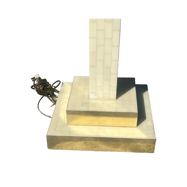Mid-Century Modern Vintage Mid Century Modern 1970s Tessellated Tile and Brass Floor Lamp Colombia Silk Shade For Sale - Image 3 of 12