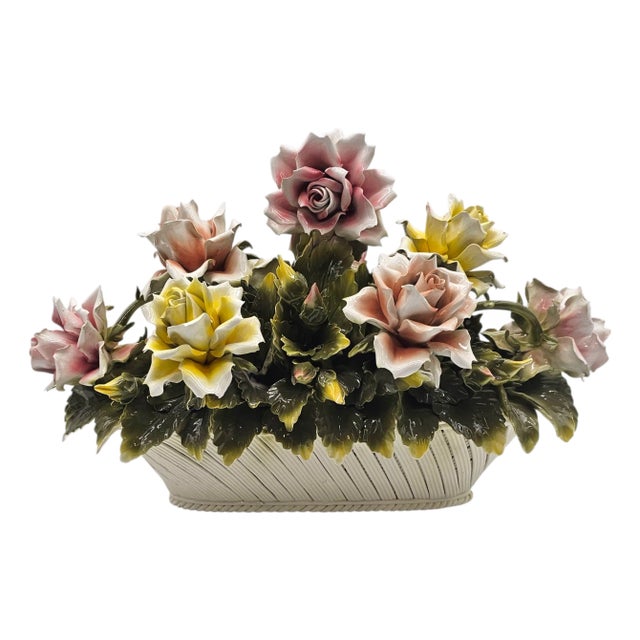 Italian Handcrafted Porcelain Rose Basket Centerpiece – Blush & Yellow Floral Sculpture For Sale