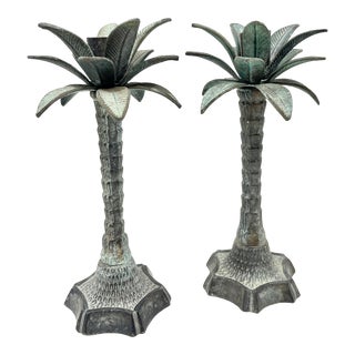 Mid-Century Pair of Cast Iron Verdigris Palm Tree Candlesticks For Sale