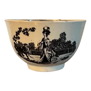 Antique 18th Century English George III Creamware Tea Cup or Tea Bowl With Black Transfer Country Landscape Scenes Circa 1770