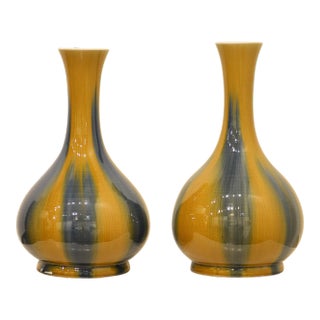 Transitional Hand Thrown Blue and Gold Glaze Chinese Porcelain Vases Pair For Sale
