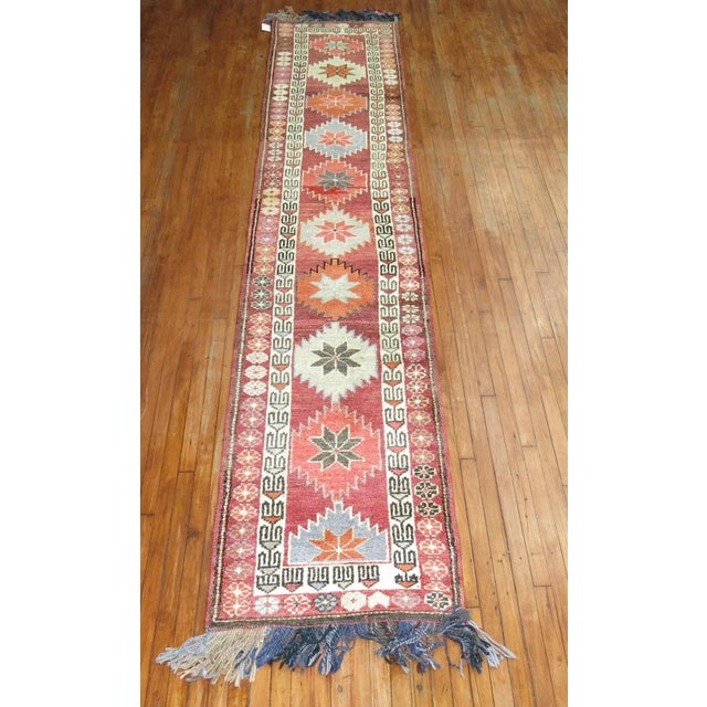 One of a kind, mid 20th-century Hand-knotted Turkish Anatolian Tribal Geometric Runner Professionally Washed & personally...