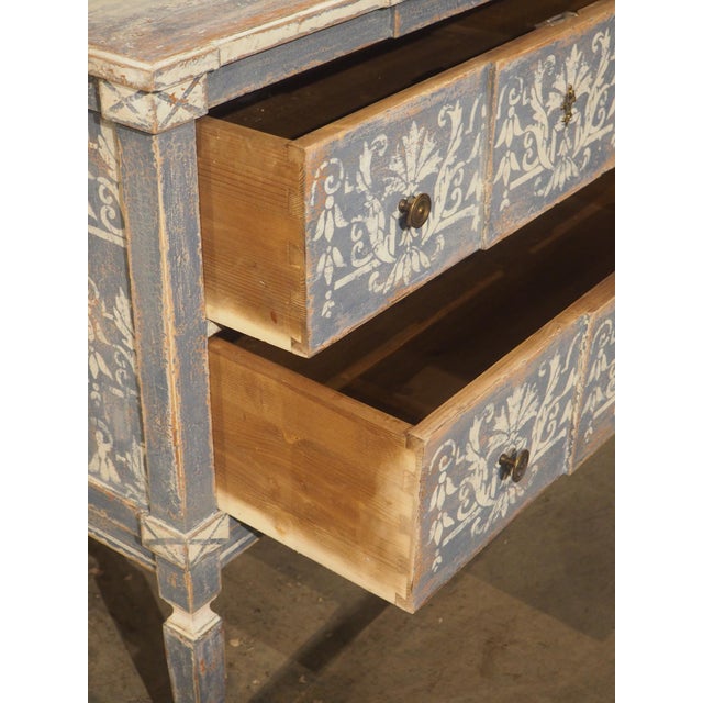 Pair of Hand Painted Blue and White Directoire Style Commodes For Sale - Image 15 of 18