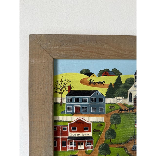 1980s 1985 Nancy Lucek Folk Art Village Landscape Oil Painting on Canvas, Framed For Sale - Image 5 of 12