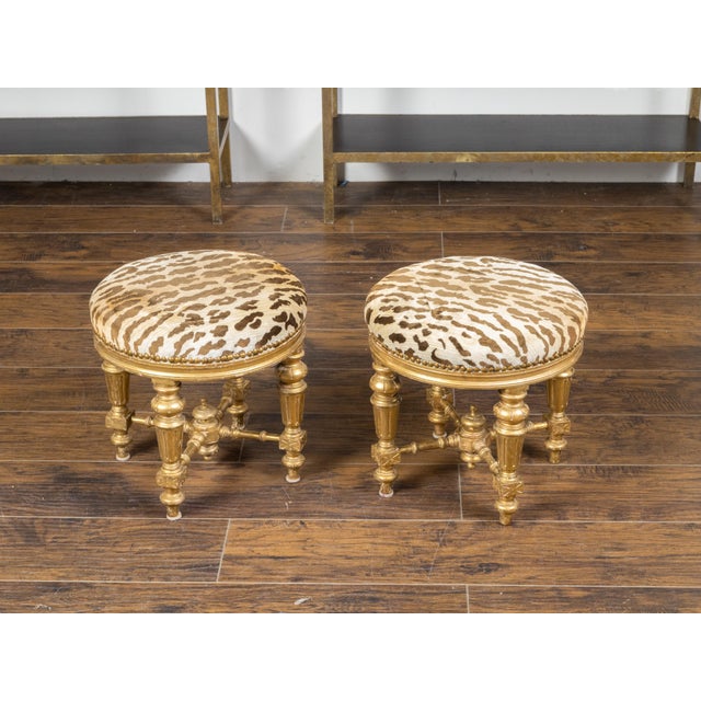 French Pair of 19th Century French Giltwood Stools with Fluted Legs and Upholstery For Sale - Image 3 of 10