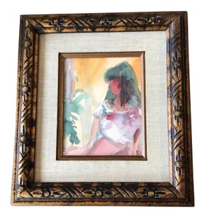 Original Vintage Abstract Female in Interior Watercolor Painting Vintage Frame