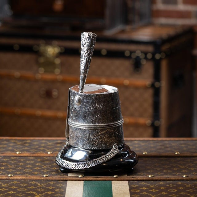 Antique 20th century english solid silver monumental regimental table snuff mull, crafted in the form of a british...