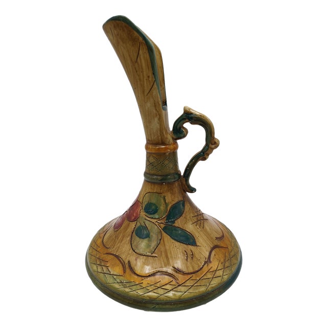 Mid-Century Roman Majolica Carafe with Polychrome Painting, Sgraffito Engravings and Curved Handle, 1950s For Sale