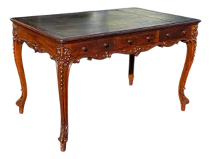 French Louis XV Style Carved Walnut Partners Desk With Leather Top.