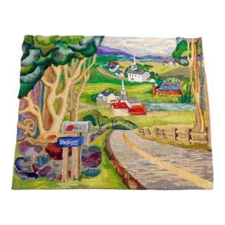 Trudi Shippenberg, Large Americana Folk Art Pictorial Hooked Rug Wool Wall Hanging Tapestry For Sale