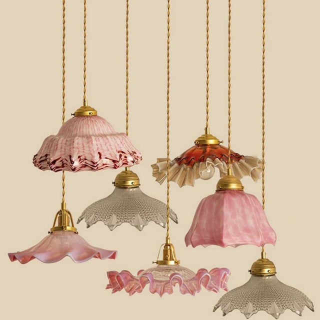 Art Deco Ruffled Murano Hand Blown Glass Pendants in Pink and White, 1940 For Sale - Image 10 of 11