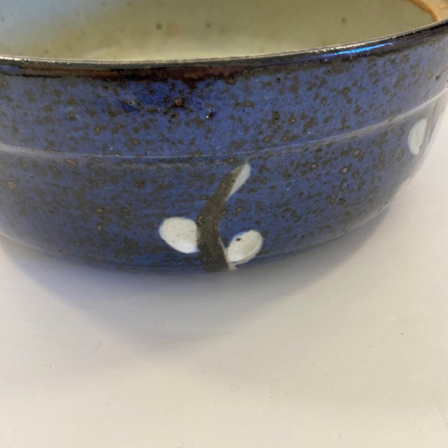 Ceramic Vintage Studio Stoneware Bowl in Cobalt Blue With Hand-Painted Botanical Motif For Sale - Image 7 of 8