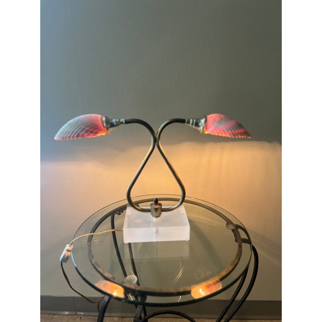 Shabby Chic Vintage Hollywood Regency Double Gooseneck Seashell Lamp With Lucite Base For Sale - Image 3 of 7