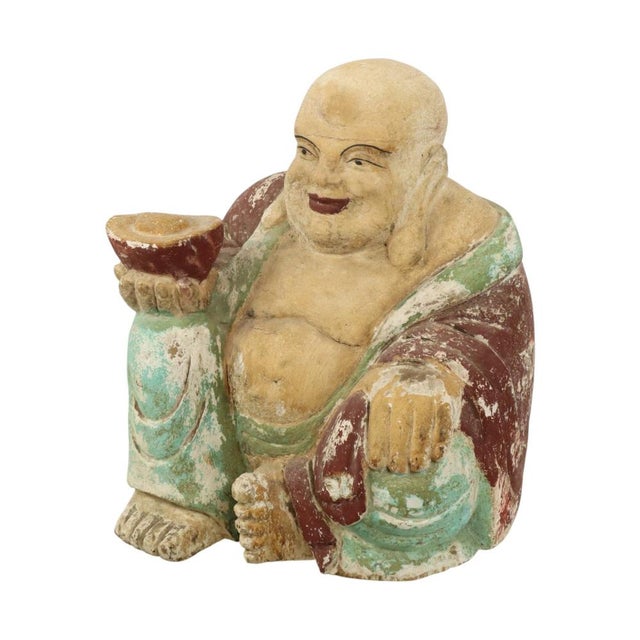 1930s Large Laughing Buddha Wooden Polychrome Sculpture For Sale - Image 5 of 17
