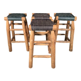 Late 20th Century Rustic Old Hickory Style Stools With Woven Seats - Set of 4 For Sale