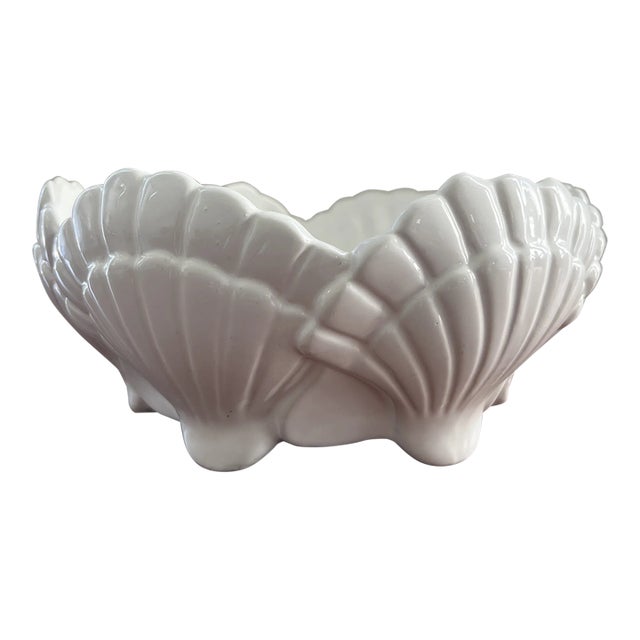 Vintage White Ceramic Scallop Shell Serving Bowl For Sale