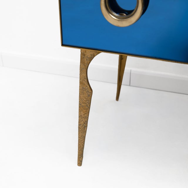 Mid-Century Style Blue Mirrored Chests of Drawers with Brass Details, 2000, Set of 2 For Sale - Image 6 of 8