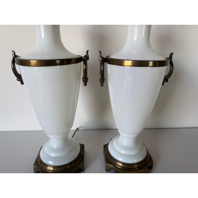 Metal Vintage Paul Hanson French Neoclassical Style White Milk Glass Urn Table Lamps – A Pair For Sale - Image 7 of 13