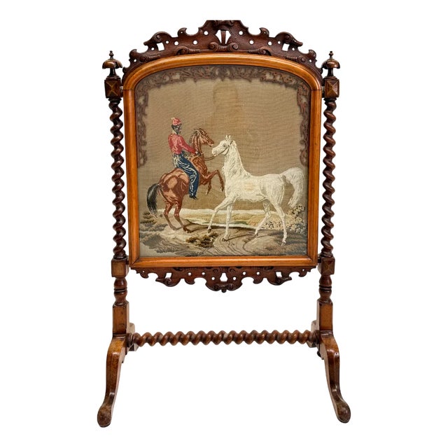 Antique Victorian Needlepoint Fire Screen For Sale