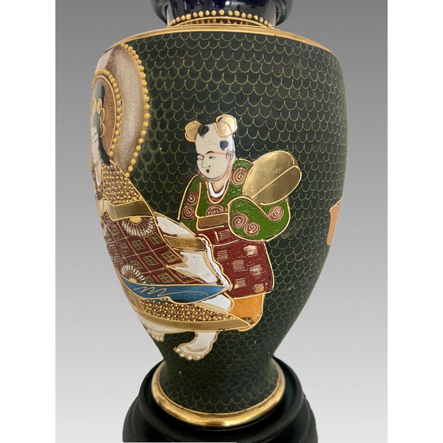 Black Large Japanese Satsuma 'Moriage' Black and Gold Kannon Table Lamp, Signed For Sale - Image 8 of 12