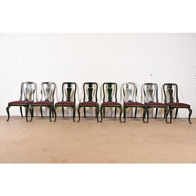 Kindel Furniture Chinoiserie Queen Anne Green Lacquered and Gold Gilt Side Chairs or Dining Chairs, Pair For Sale - Image 13 of 14