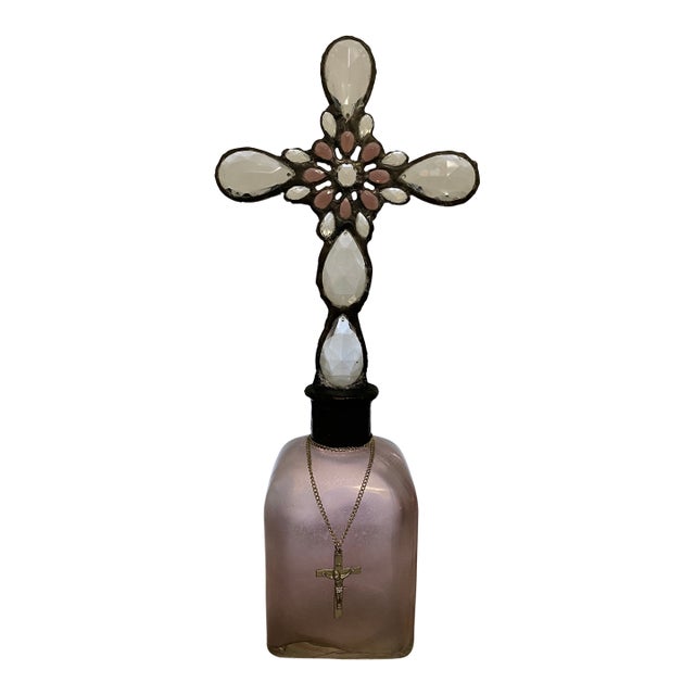 Handmade Crystal Cross Assemblage Sculpture on Pink Glass Bottle For Sale