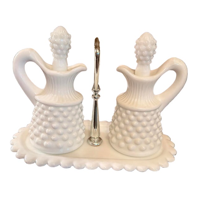 Vintage Fenton Hobnail Milk Glass Oil Vinegar Cruet Set Center Metal Handle Tray For Sale