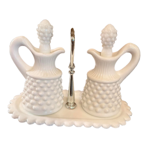 Vintage Fenton Hobnail Milk Glass Oil Vinegar Cruet Set Center Metal Handle Tray