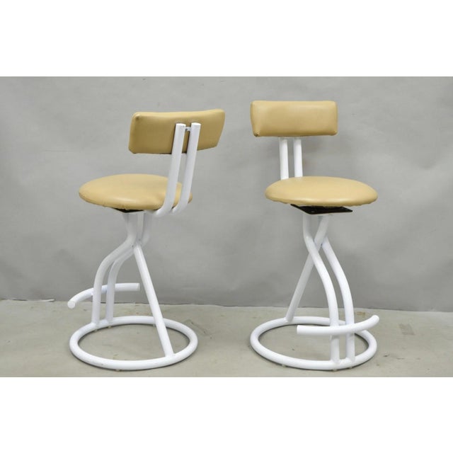 Cal-Style Vintage Postmodern Memphis Style White Tubular Metal Swivel Bar Stools - A Pair For Sale - Image 4 of 17