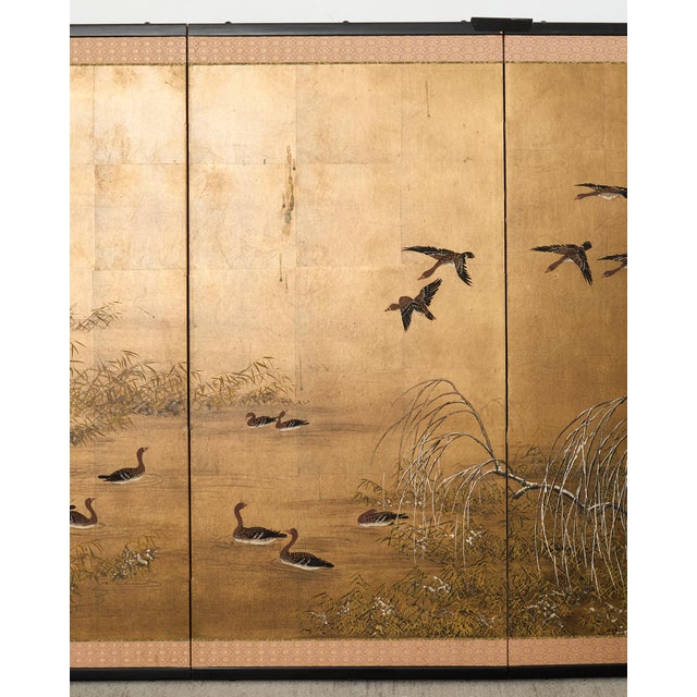 Japanese Showa Four-Panel Screen Wild Geese Autumn Landscape For Sale - Image 4 of 18