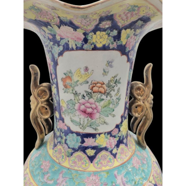 Monumental or palace sized Chinoiserie porcelain Famille Rose hand painted peacock floor vase. This is an incredible piece...