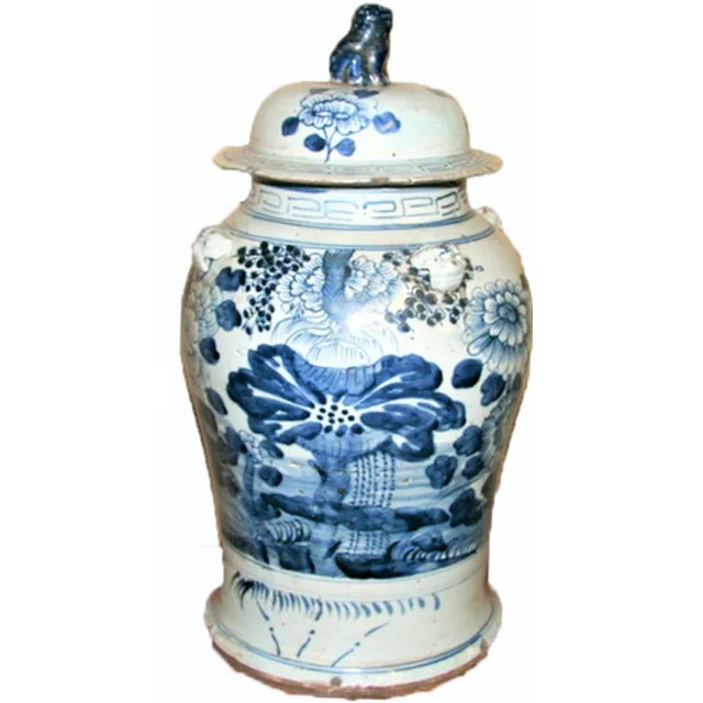 This is an extra large, high quality porcelain blue and white Balaster Temple Jar / Ginger Jar decorated with a large...