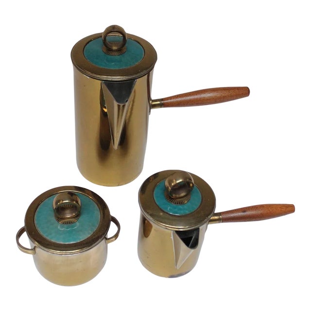 Vintage Georges Briard "El Dorado" Enamel and Brass Tea/Coffee Service For Sale