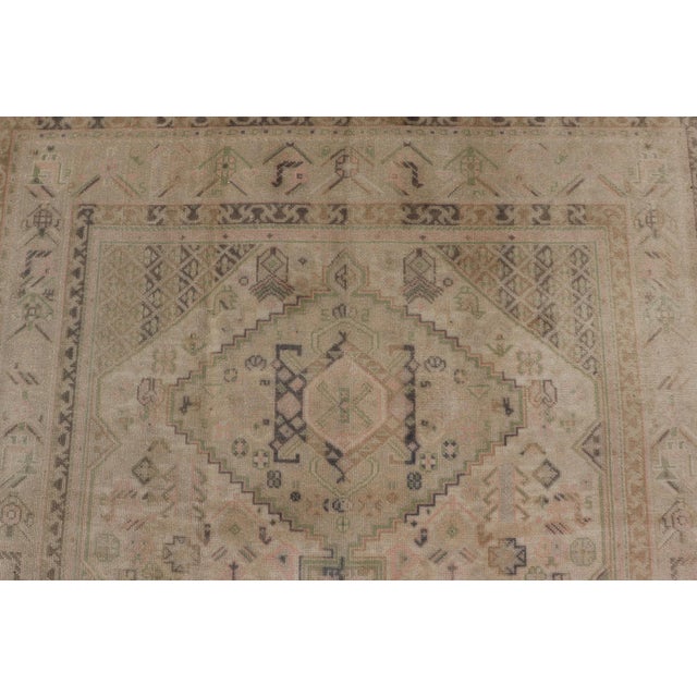 Vintage Turkish Tribal Medallion Oushak in Muted Green, Pink, and Off White For Sale - Image 13 of 16