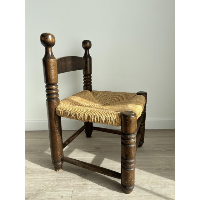 Vintage Low Wood Fireplace Chair with Straw Seat in the style of Charles Dudouyt, 1940s For Sale - Image 10 of 10