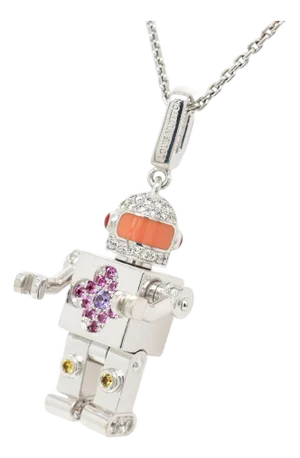 Signed Louis Vuitton 18k White Gold & Gemstone Spaceman Robot Pendant Necklace