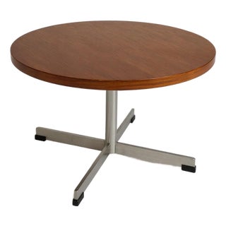 Mid-Century Round Coffee Table with Teak Top and Chrome Cross Base For Sale