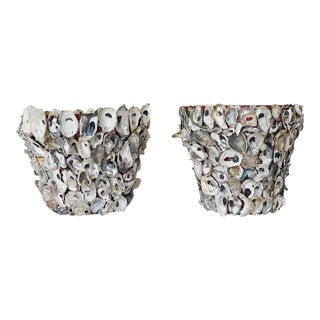 Reduced- Pair of Oyster Shells Encrusted Pair of Terracotta Pots Planters For Sale