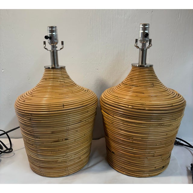 Boho Chic Vintage Rattan Wrapped Table Lamps - A Pair For Sale - Image 3 of 11