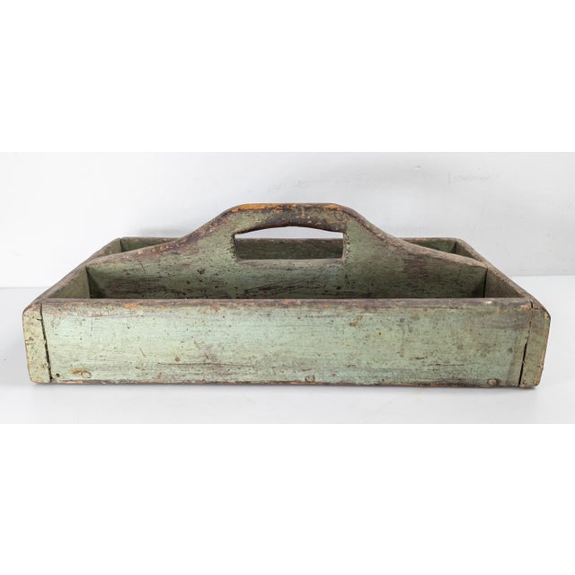 We are offering this gorgeous 19th century pine tray with original green paint. This tool or tote tray has simple form and...