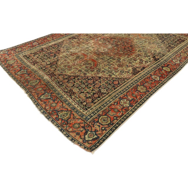 53141 Distressed Antique Persian Malayer Rug, 04'06 x 06'05. With its perfectly worn-in charm and edgy elements, this...