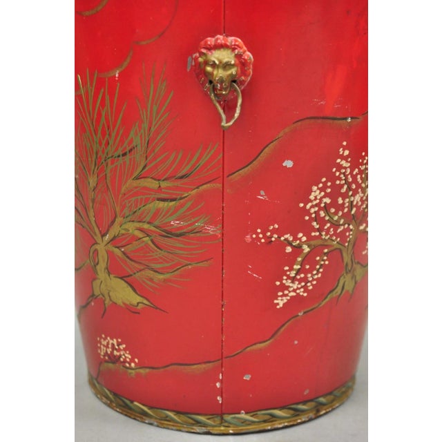 Mid 20th Century Italian Chinoiserie Hand Painted Oriental Red Tole Metal Wastebasket Trashcan For Sale - Image 10 of 18