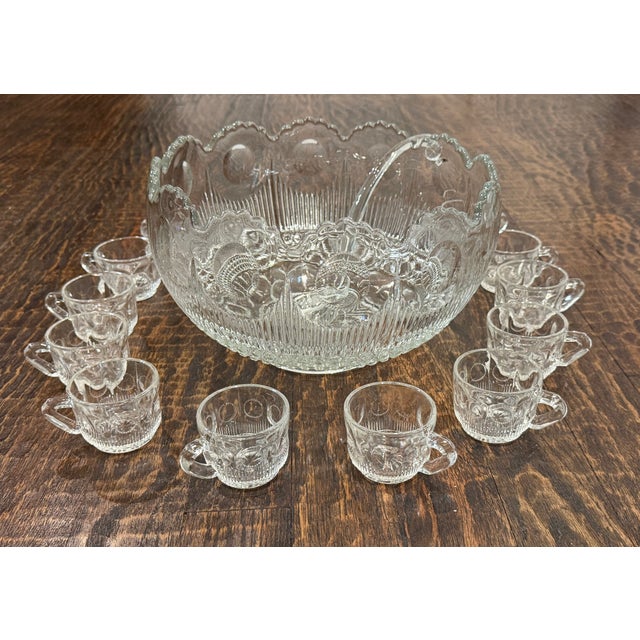 Mid 20th Century Vintage Tiffin-Franciscan Bullseye Pressed Glass Punch Bowl Set With 12 Cups & Original Ladle For Sale - Image 5 of 15