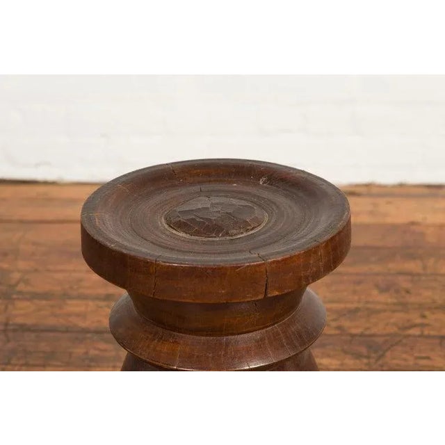 19th Century 19th Century Rustic Indonesian Solid Wood Turned Stool with Brown Patina For Sale - Image 5 of 12