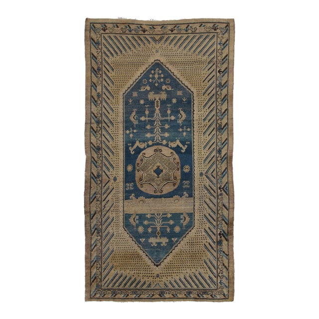 Vintage Khotan Samarkand Runner in Sand and Indigo With Medallions - Rug & Kilim For Sale