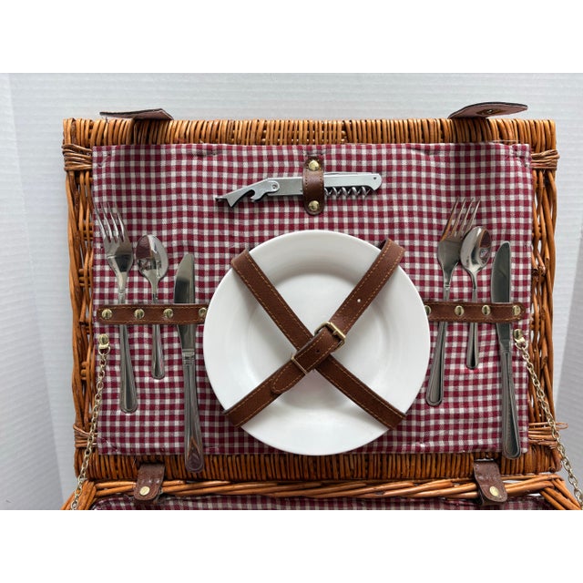 Large Classic Vintage Americana Wood Wicker Picnic Basket With Accoutrements For Sale - Image 11 of 11
